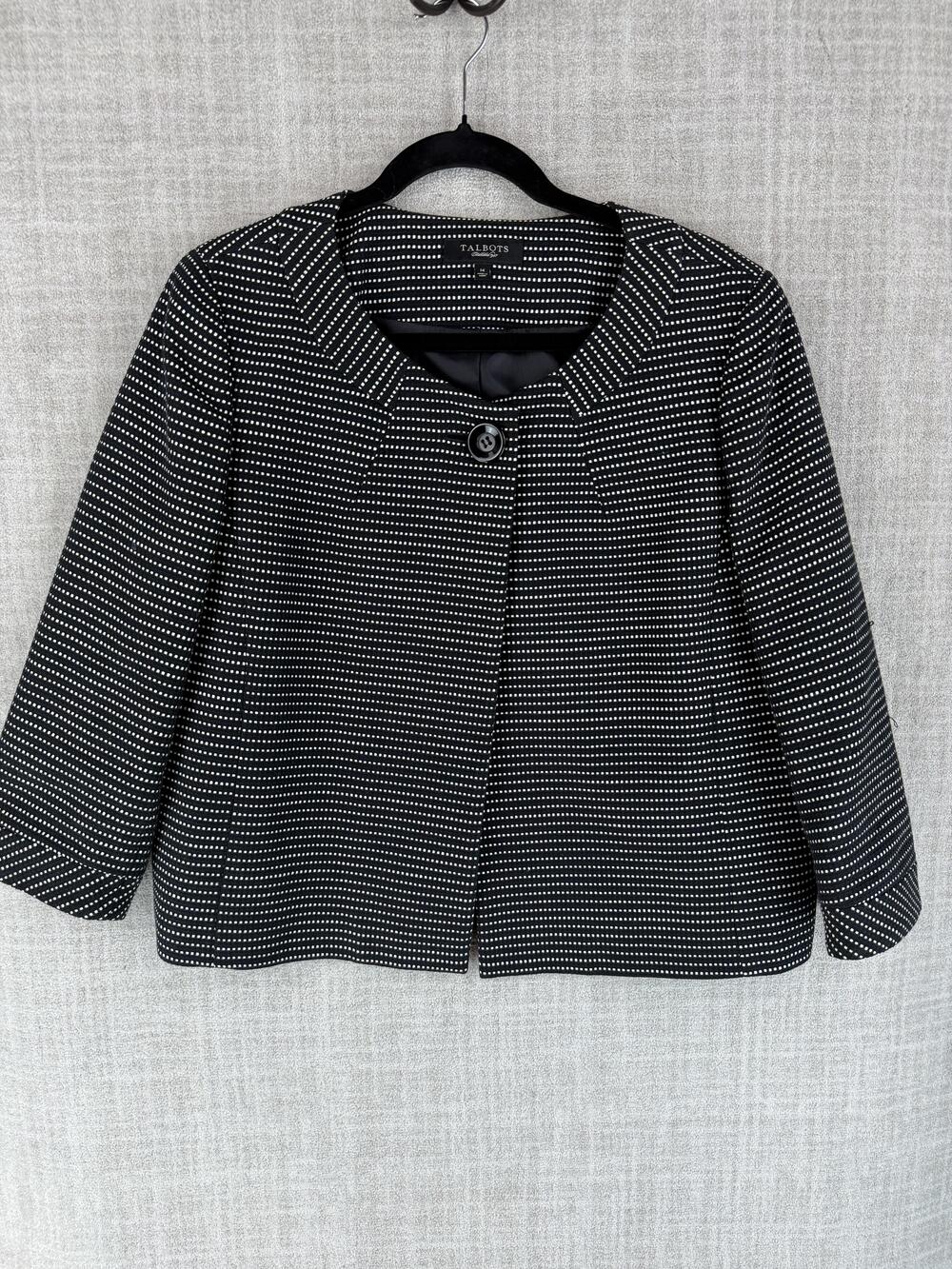 Talbots Blazer Womens 14 Black Short Collared Lined Tweed Single-Breasted